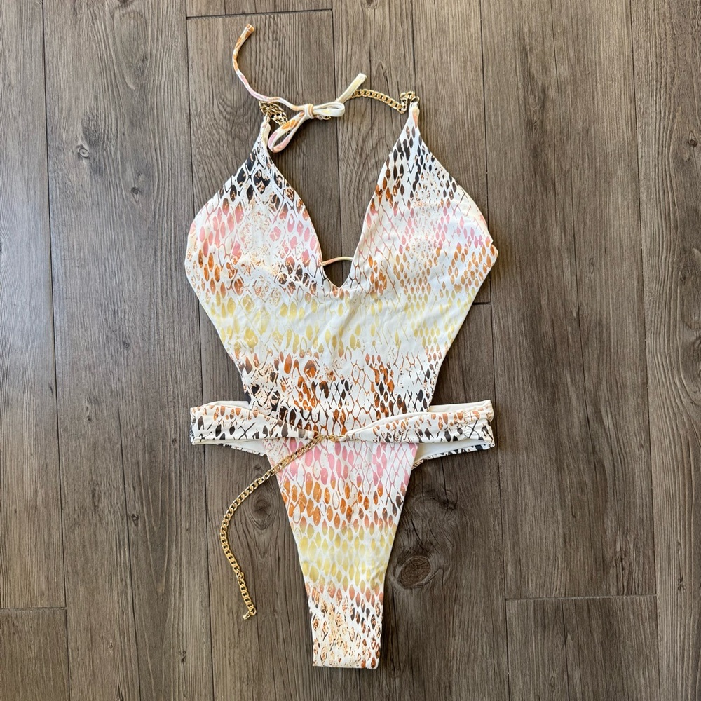 Beach Bunny Brooklyn Snake Print One Piece Swimsuit – Size M – Multi Neutral